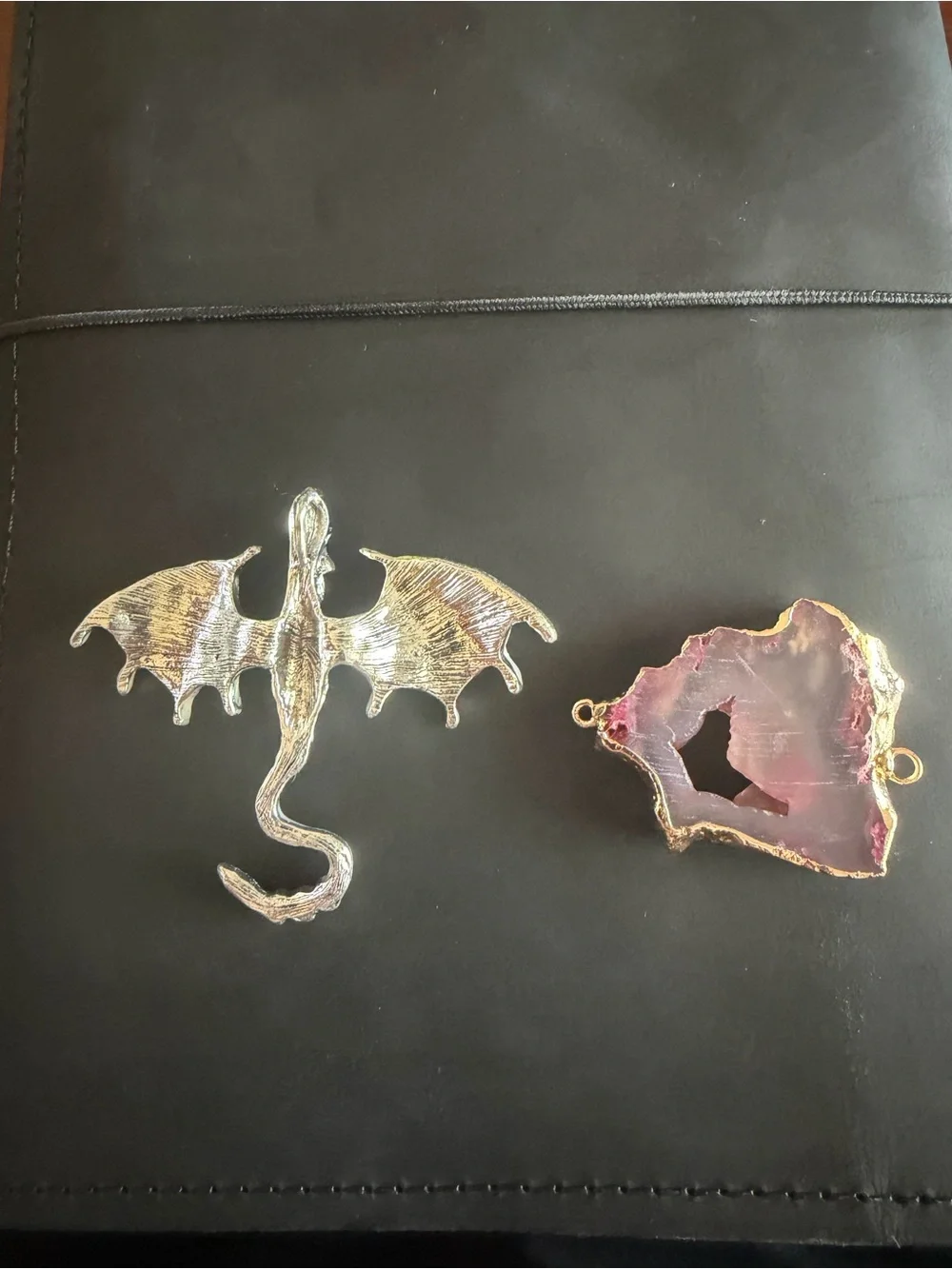 Silver Dragon Wing Charm and Pink Agate Geode Connector